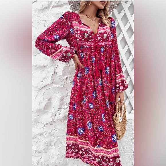 NWT R. Vivimos Red Viscose Boho Print Dress in Size X-Small - Picture 1 of 13